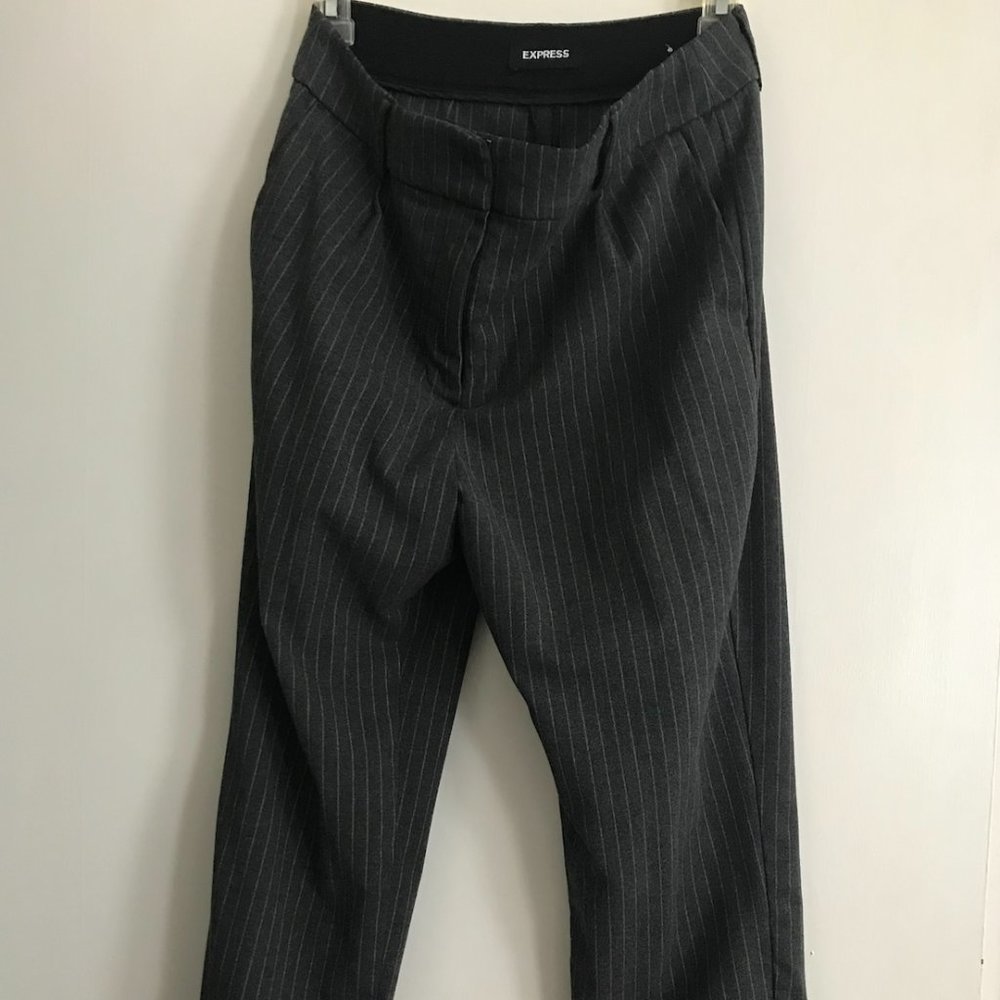 Gray pinstriped trousers.